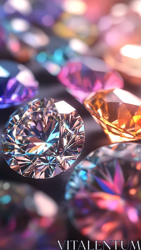 Macro render of multicolor faceted gemstones on dark surface
