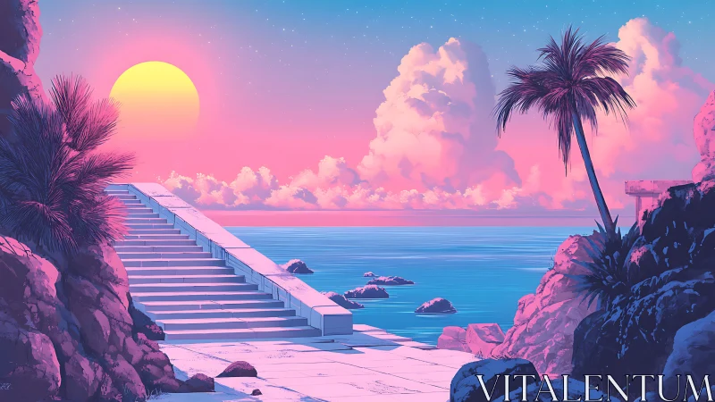 Neon sunset seascape with marble steps and palms.