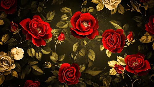 Crimson Roses with Golden Foliage Against Dark Botanical Background.