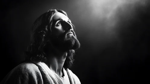 Radiant figure gazing upward in dramatic monochrome light.