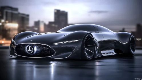Mercedes concept hypercar glows against wet city dusk.