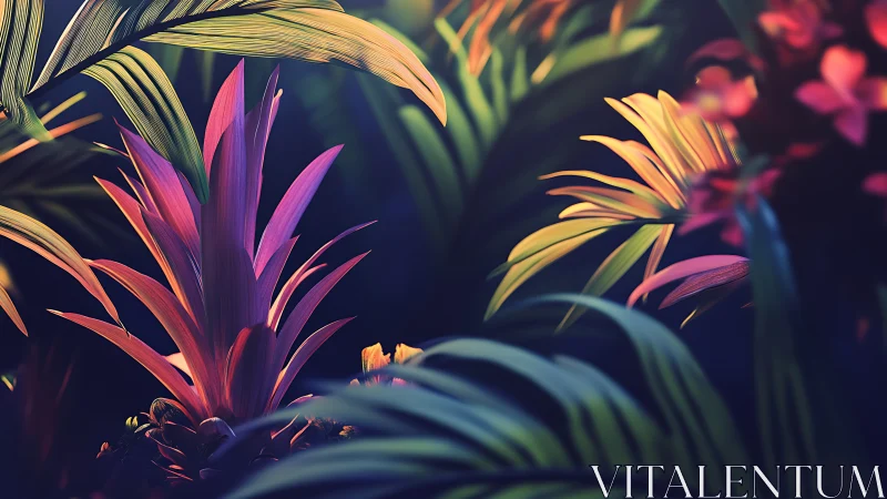 Colorful tropical foliage under soft moody lighting.