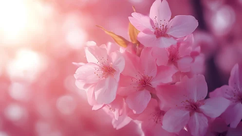 Pink Cherry Blossoms Illuminated by Soft Golden Sunlight.