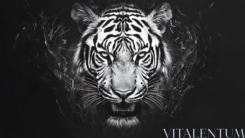 Monochrome tiger portrait with high contrast abstract edges.