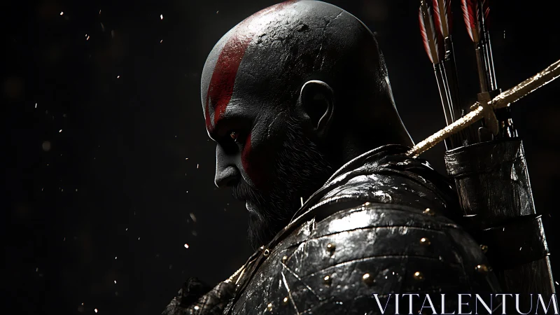 Side profile of armored warrior rendered in dramatic lighting