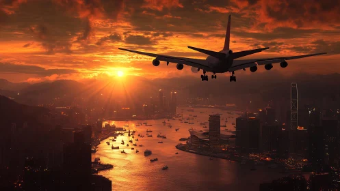Passenger jet landing over harbor city at vivid sunset.