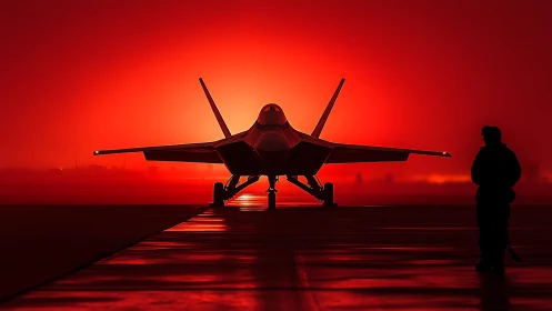 Stealth fighter jet waits on runway under blazing red dawn