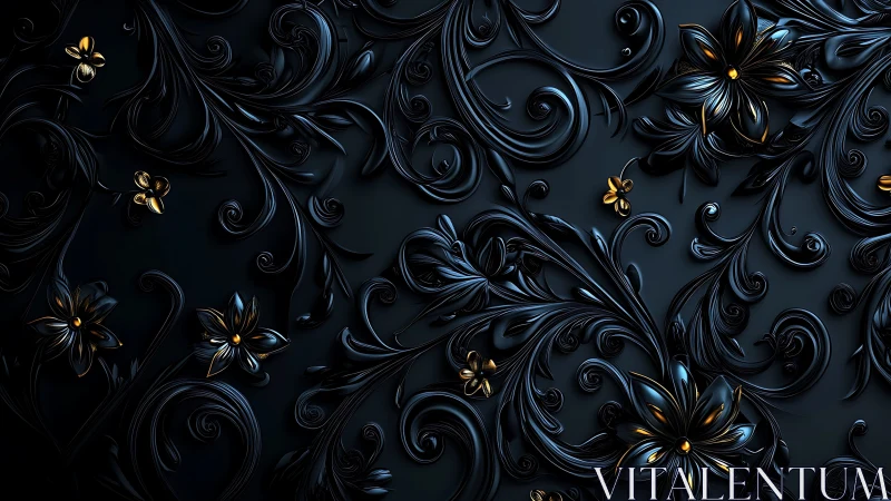 Midnight baroque blossoms swirling in molten gold and ink.