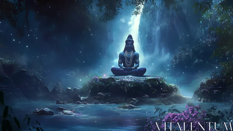 Meditating blue deity on mossy river islet beneath misted falls.