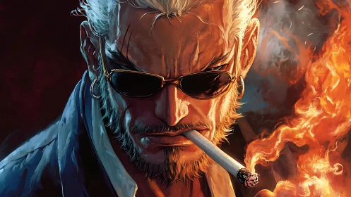Combustive portrait of hardened smoker in flare-lit chiaroscuro.