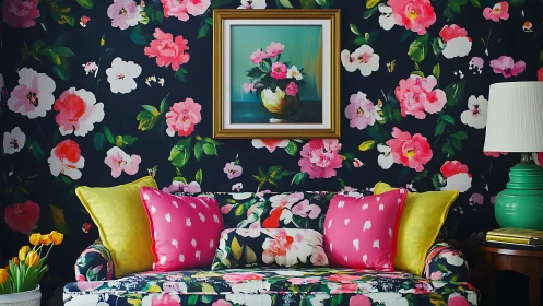 Floral living room bursts with saturated pattern and color.