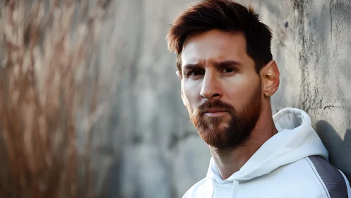 Photorealistic bearded male portrait in soft outdoor sidelight