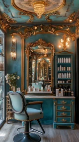 Luxurious teal and gold baroque style hair salon interior.