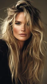 Close-up portrait of woman with long tousled blonde hair.