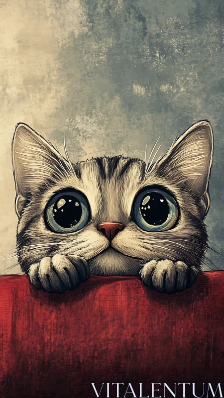 Cat with Oversized Eyes Peering Over Red Surface.