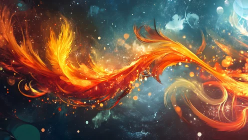 Fiery phoenix wings swirl through a dreamlike cosmic sky