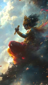 Divine warrior figure in vibrant celestial landscape.