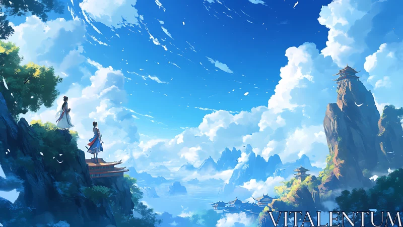 Wanderers contemplate misty mountain temples in blue sky.