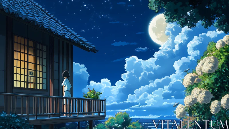 Moonlit wooden balcony with solitary figure under cumulus sky
