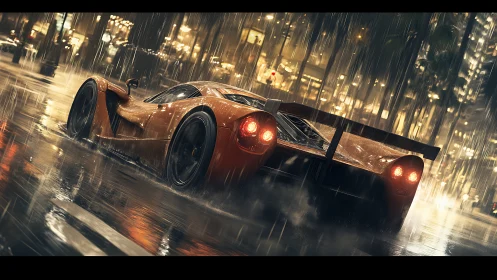 Orange sports car on wet city street in heavy rainfall.