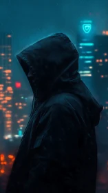 Midnight hooded figure pauses quietly in the neon city rain