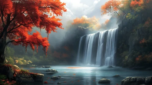 Gentle autumn waterfall pouring into a calm forest pool.