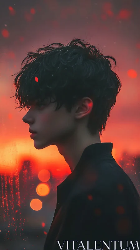 Side-profile portrait of boy in dusk bokeh lightscape