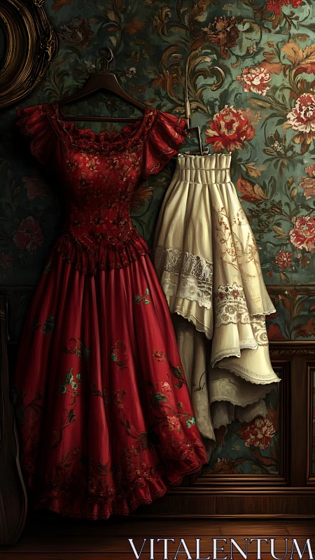 Textured floral gowns suspended against ornate vintage wall.