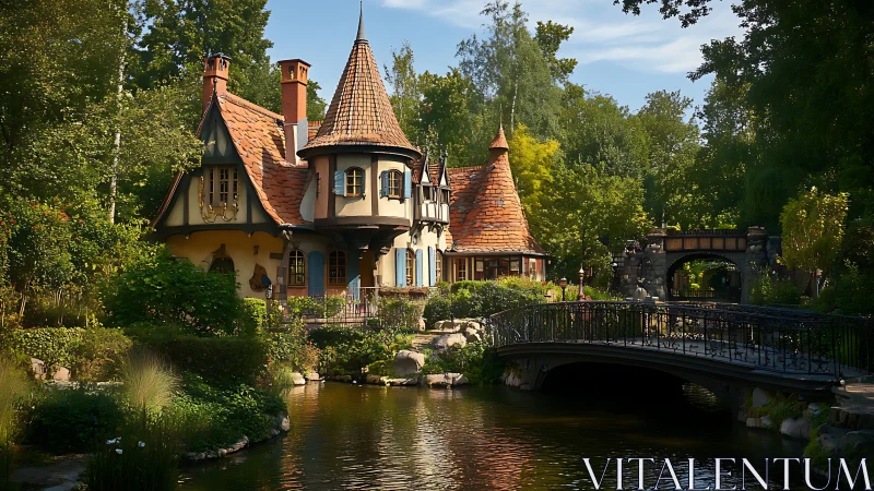Fairytale riverside cottage with turreted roofs and iron bridge.