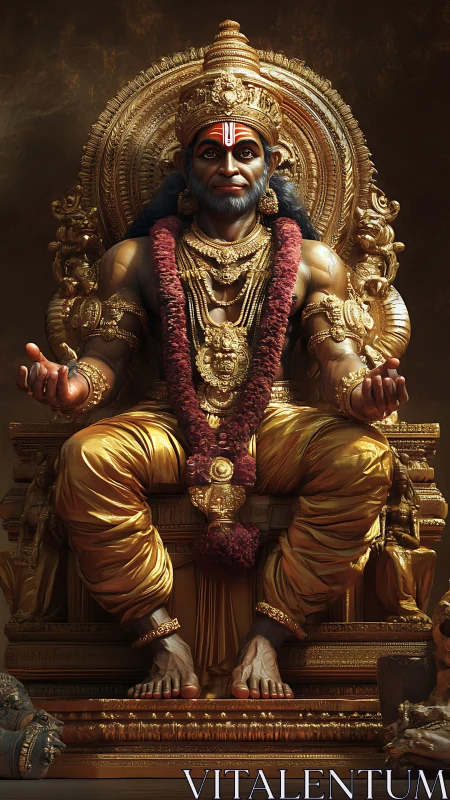 Highly detailed golden deity sculpture seated on ornate throne