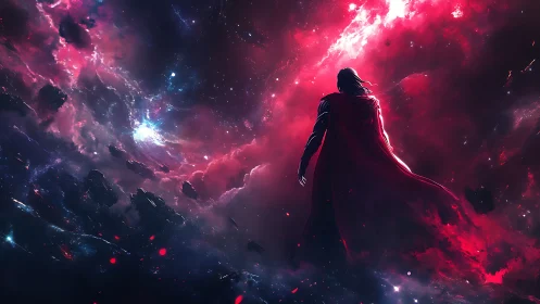 Celestial caped figure surveying luminous magenta nebula field