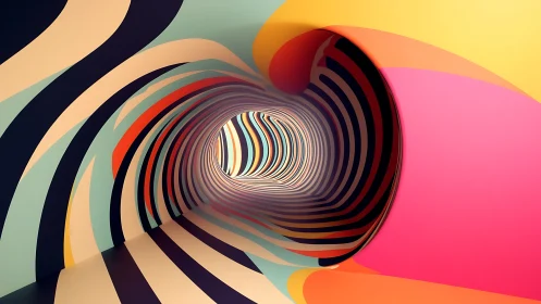 Striped abstract tunnel with curved colorful walls.