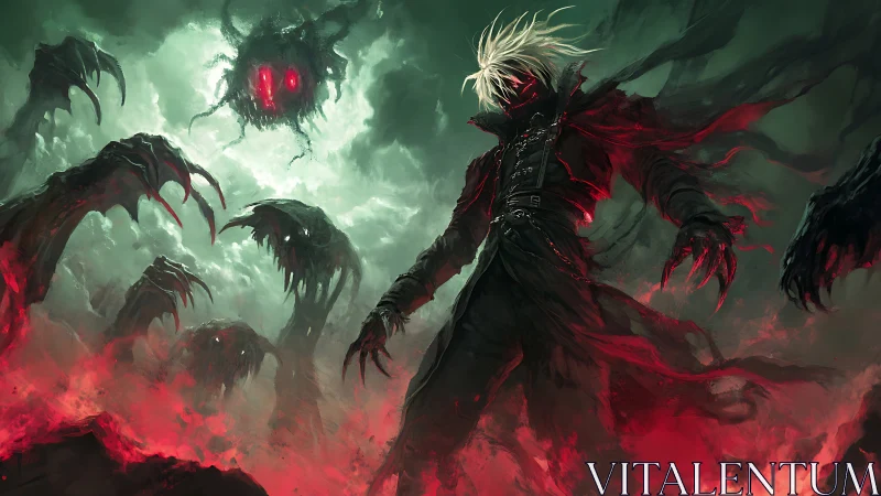 Dark warlock commands spectral horrors in crimson storm