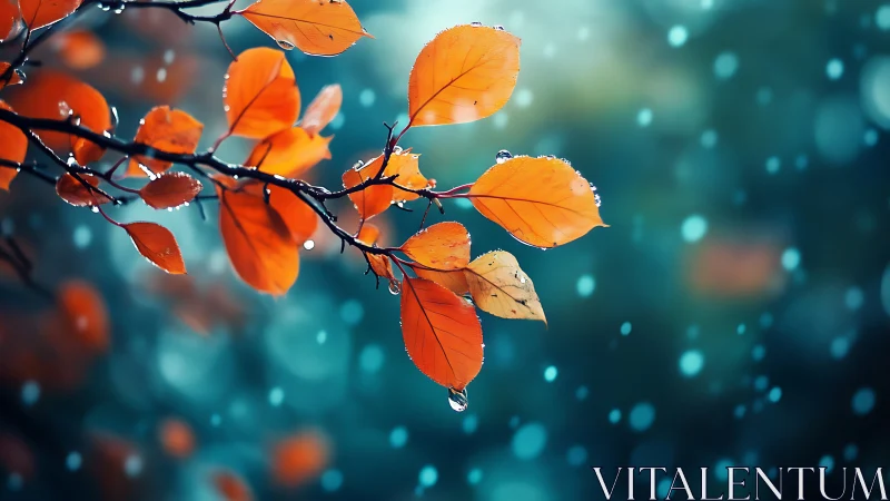 Autumn branch with rain-kissed leaves in teal bokeh glow.