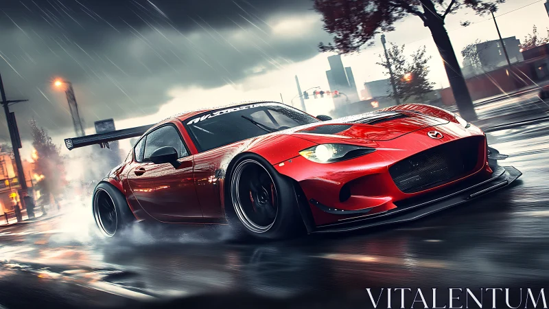 Red widebody sports car drifts through rainy neon city streets