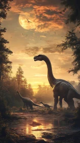 Golden evening stroll with gentle dinosaurs by the riverbank