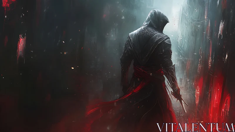 Hooded rogue with red sash in dark misted alleyway.