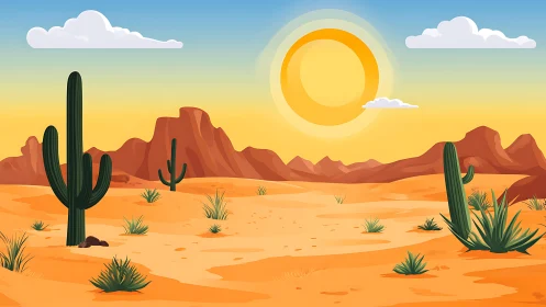 Illustration depicts arid desert plain with cacti and mesas