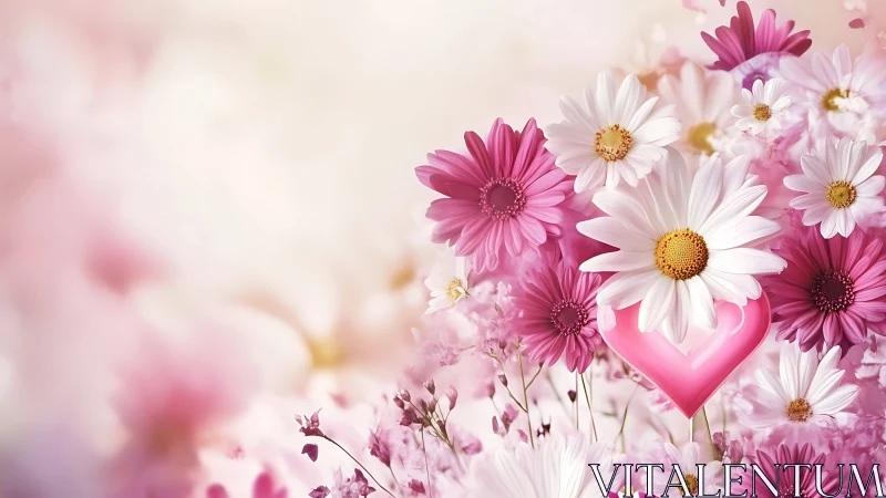 Pink Gerberas and White Daisies with Heart Symbol.