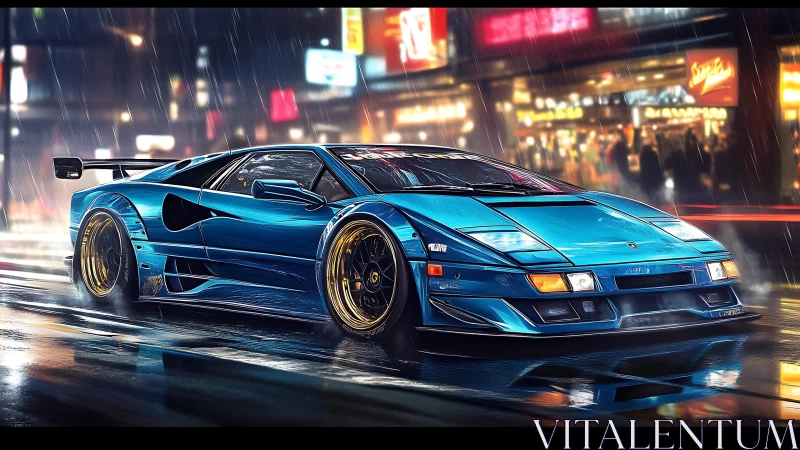 Sleek blue supercar gliding through a neon soaked city night.