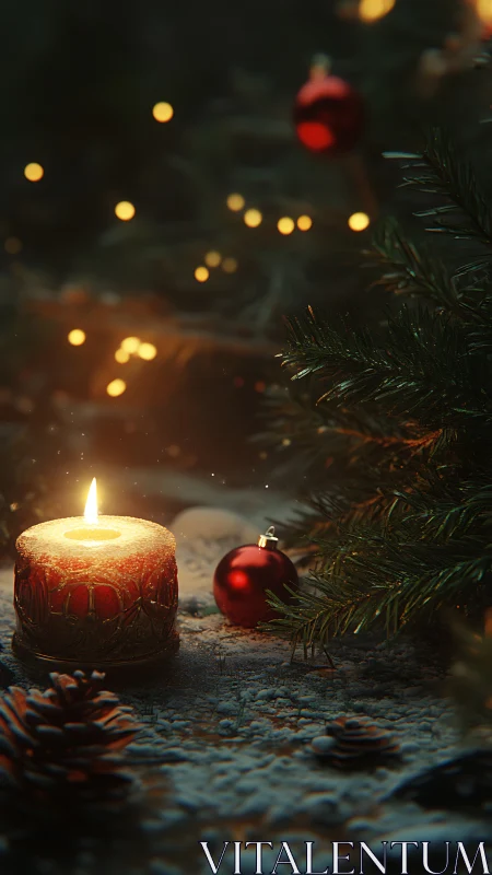 Candlelight glows softly beside frosted pine and red bauble