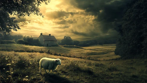 Solitary sheep under stormlit sky beside rustic farmhouse.