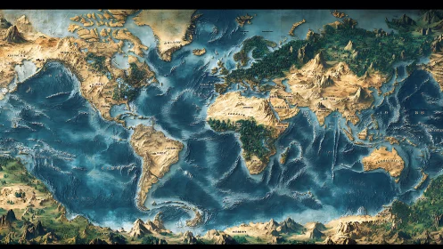 Fantasy world map with elevated continents and oceans.