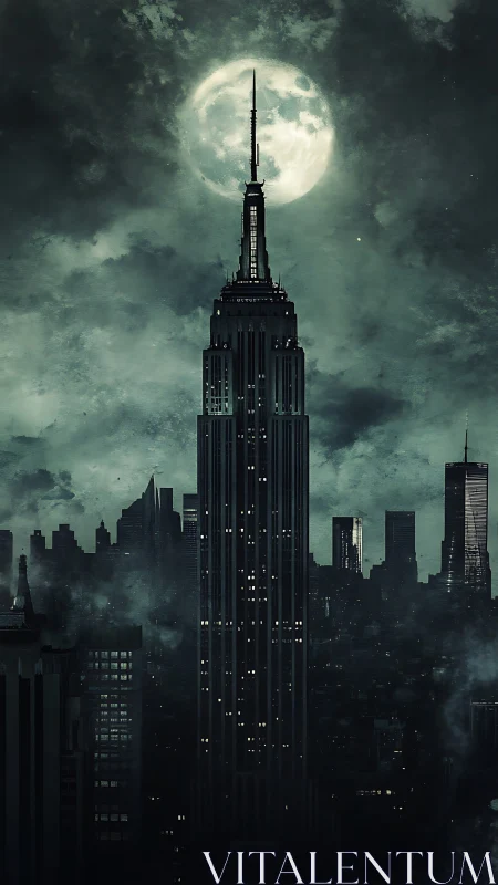 Moonlit skyscraper dominates brooding nocturnal skyline.