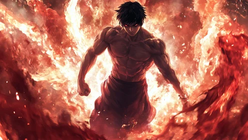 Shirtless anime warrior surrounded by blazing firestorm