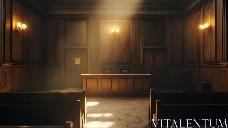 Sunlit empty courtroom stands in quiet, solemn stillness.