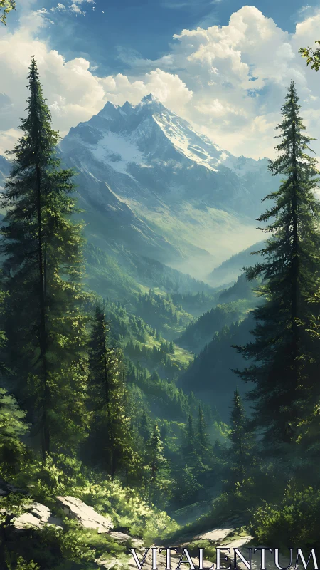 Sunlit mountain valley wrapped in peaceful evergreen forest.