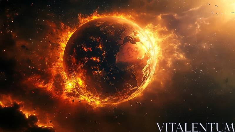 Fiery cosmic planet wrapped in swirling golden solar flames.