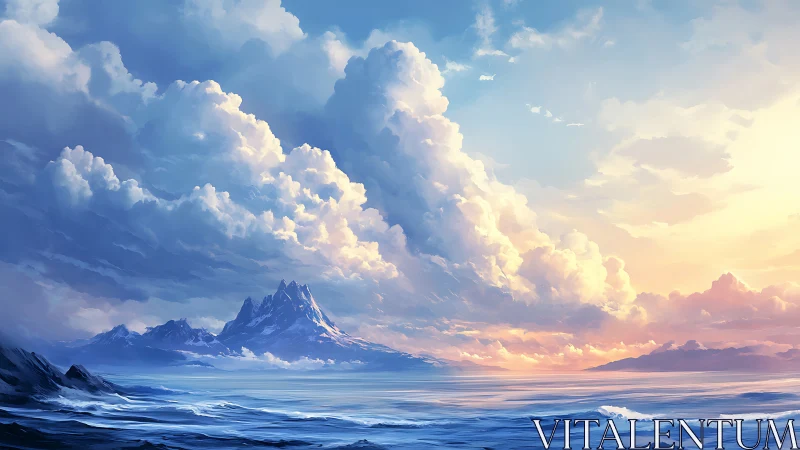 Sunlit cumulonimbus crowns distant coastal mountains at dawn