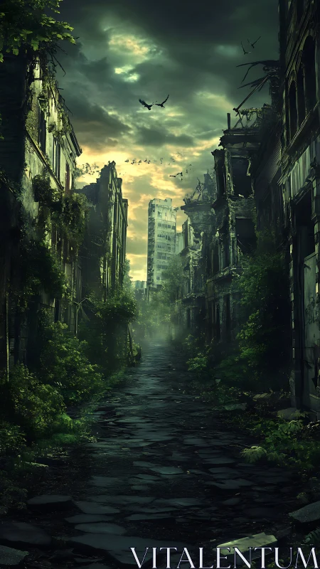 Overgrown ruined city street recedes toward distant tower